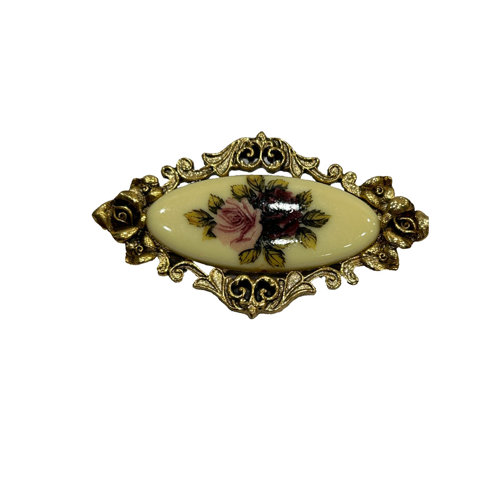 Vintage Oval Rose Guilloche Enamel Pin Brooch Gold Tone Floral Victorian